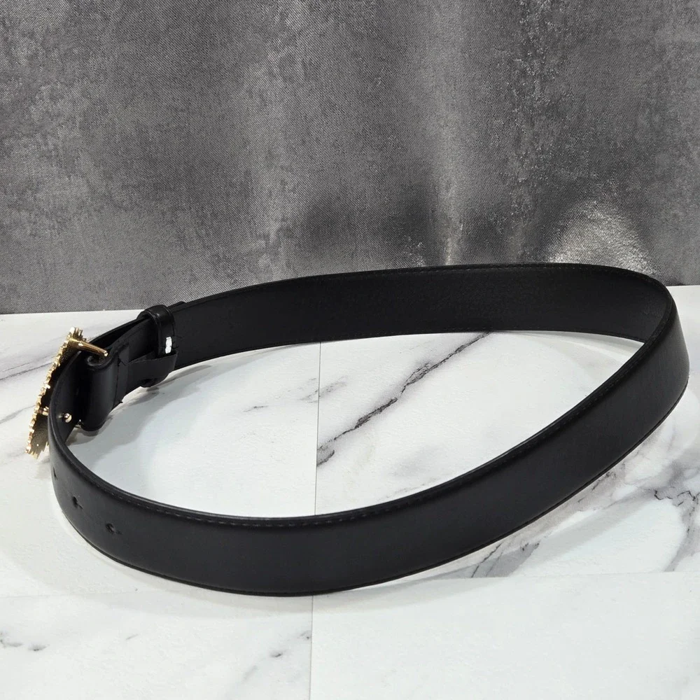 Juicy Couture Belt Womens Large Black Gold Heart Buckle Pearl Detail Fashion
